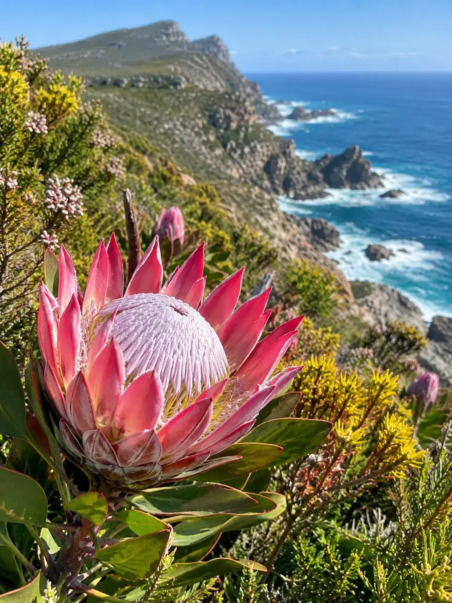 A pink king protea in fynbos on a windswept headland above the Cape of Good Hope coast